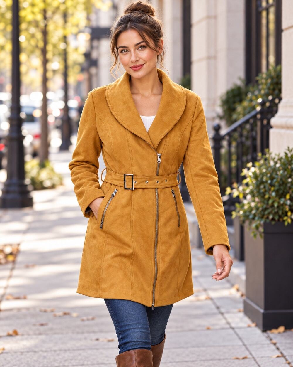 Bellivera Mustard Faux Suede Belted Coat Womens Small Asymmetrical Zip Line